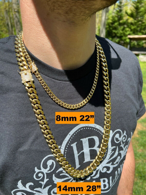 MOISSANITE CLASP Miami Cuban Link Chain Necklace - 14k Yellow Gold Plated Stainless Steel - 16"-30" - 8mm-14mm - Image 3